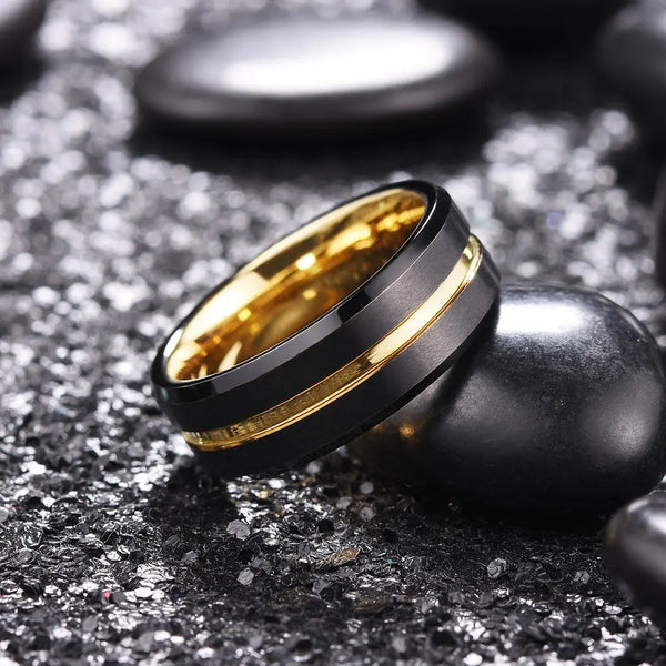 Gold Groove Beveled Tungsten Wedding Band with Carbon Fiber Inlay - 8mm
